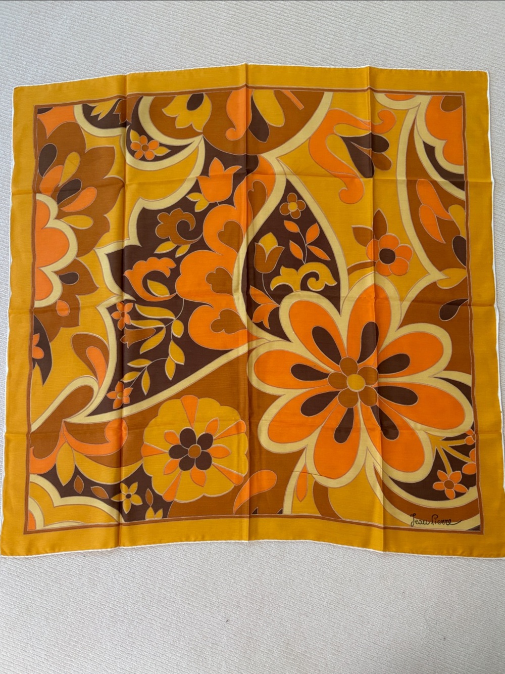 Jean Pierre Vintage Floral Silk Scarf in Mustard, Orange & Brown